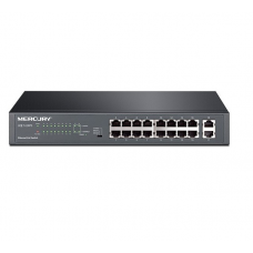 PoE-комутатор Mercury SG118PS, 16 портів PoE 100 Мбіт/с, 2 гігабітні uplink, вбудований блок живлення