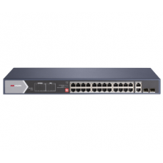 Некерований Hi-PoE комутатор Hikvision DS-3E0528HP-E, 24 порти PoE (4 Hi-PoE), 2×SFP, 370 Вт